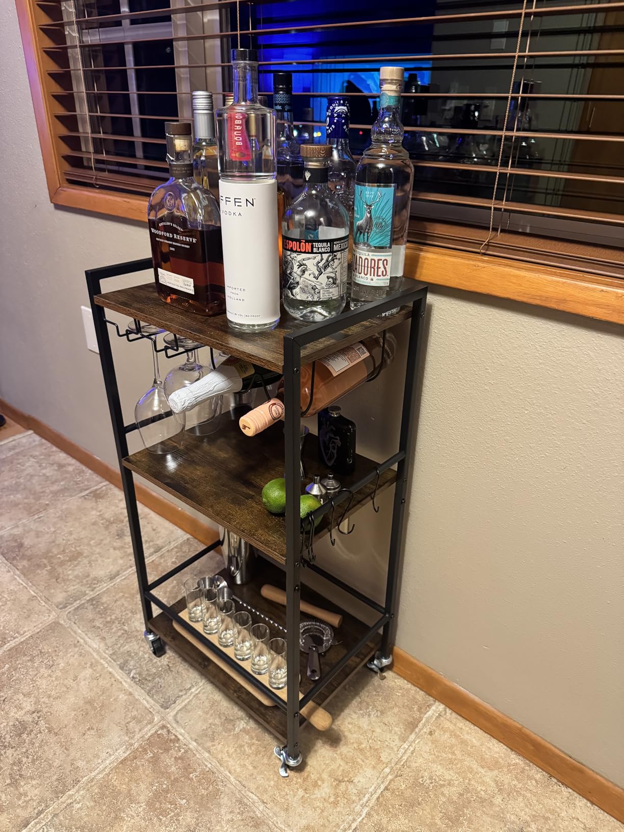 TUTOTAK Bar Cart with Wheels, Mini Drink Cart with Wine Rack & Glass Holder | 3-Tier 17 Inch Wide Home Bar Serving Carts, Small Mobile Kitchen Shelf with 6 Hooks, Rustic Brown BC01BB035 customer photo 2