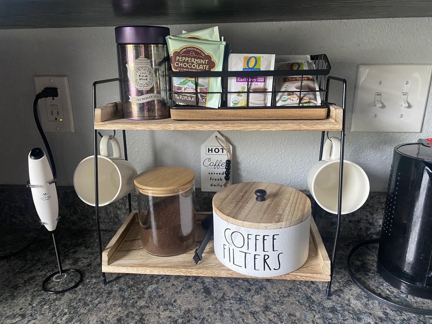 WILDMOS Tea Bag Organizer, Iron Wire Basket with Wooden Base. Tea Storage Containers with 3 Slots, Sugar Packet, Tea Bar Accessories for Countertop Cabinet Drawer customer photo 1