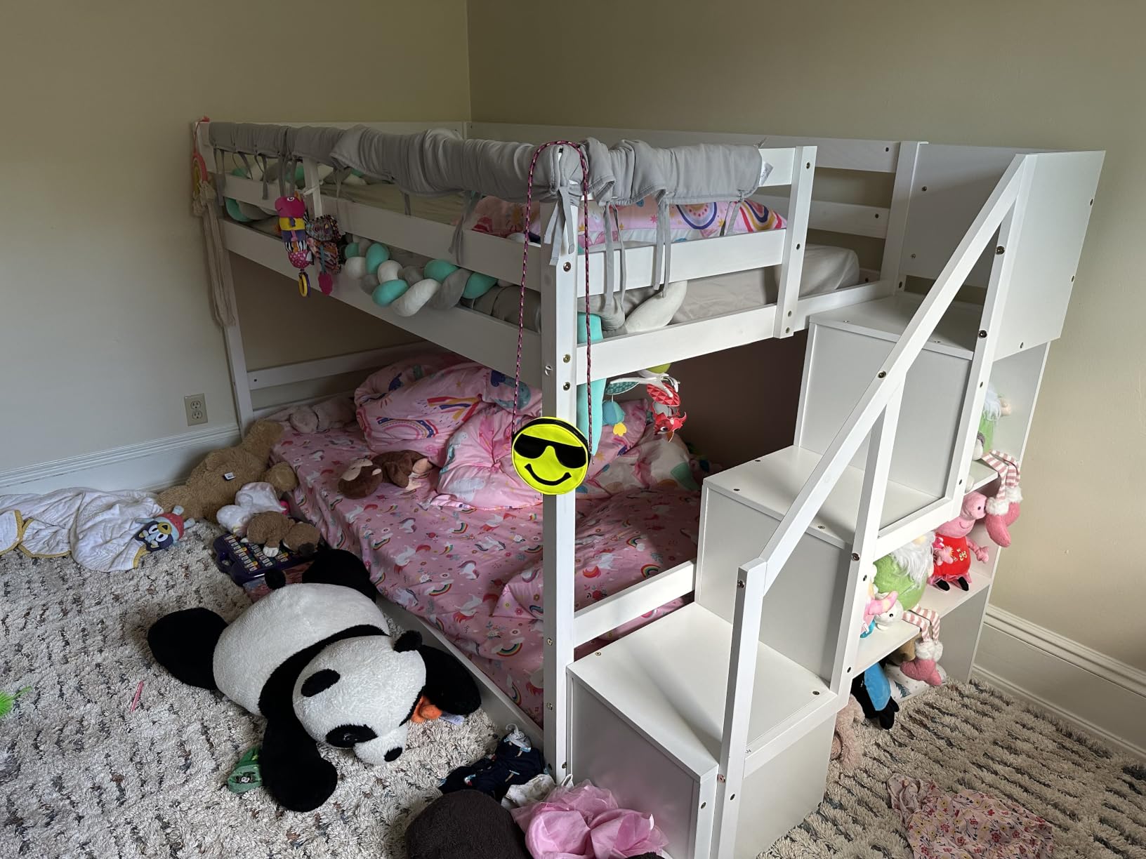 GIANTEX Twin Over Twin Bunk Bed with Stairs, Solid Wood Floor Bunk Bed with Storage Staircase & Full-Length Guardrails, Low Bunk Bed for Kids, White customer photo 1