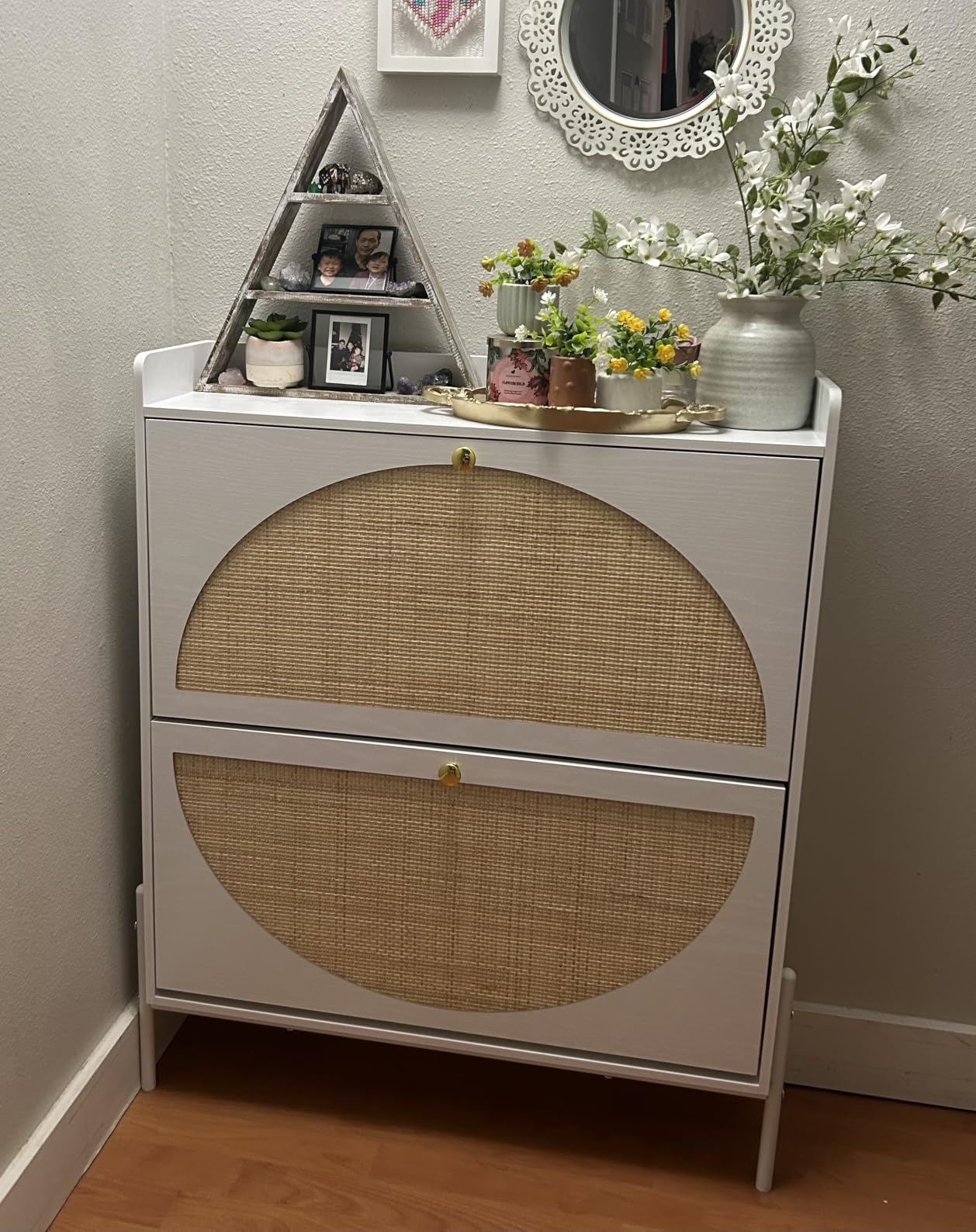 IRONCK Shoe Cabinet Storage with 2 Flip Drawers, Oak | Free Standing Wooden Shoe Storage Organizer Cabinet with Rattan Doors for Entryway, Narrow Shoe Rack Cabinet customer photo 2