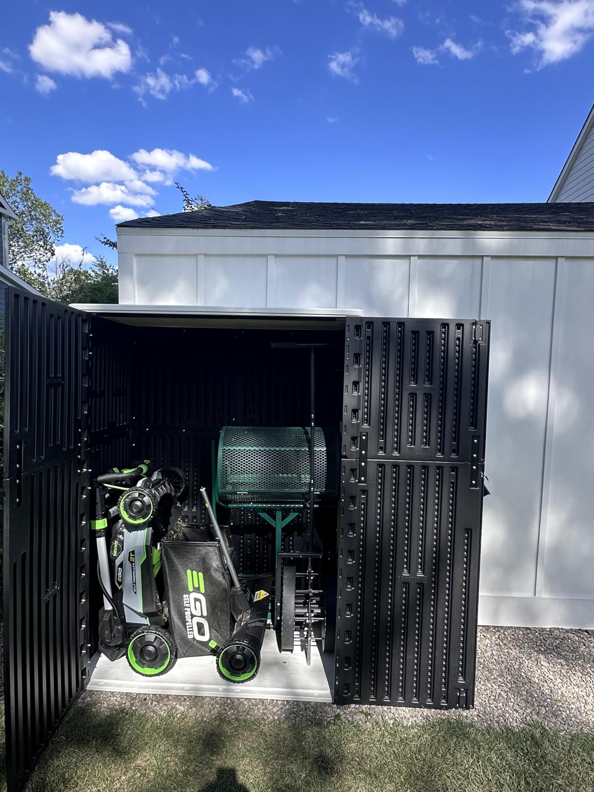 KINYING Outdoor Vertical Storage Shed,57 Cu.ft Outdoor Storage Cabinet Waterproof,Resin Sheds & Outdoor Storage Clearance for Garden,Patio,Backyard,Lockable (Black) customer photo 2