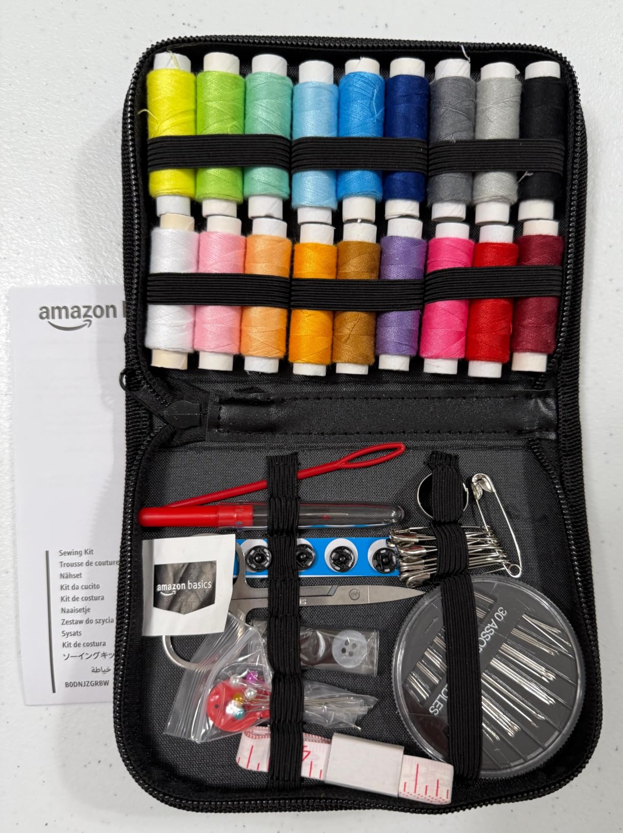 Amazon Basics Portable Travel Sewing Kit for Adults, Includes Threads, Needles, Scissors, Buttons, Thimbles, Measuring Tape, Threader, Seam Ripper and Safety Pins, Black customer photo 2