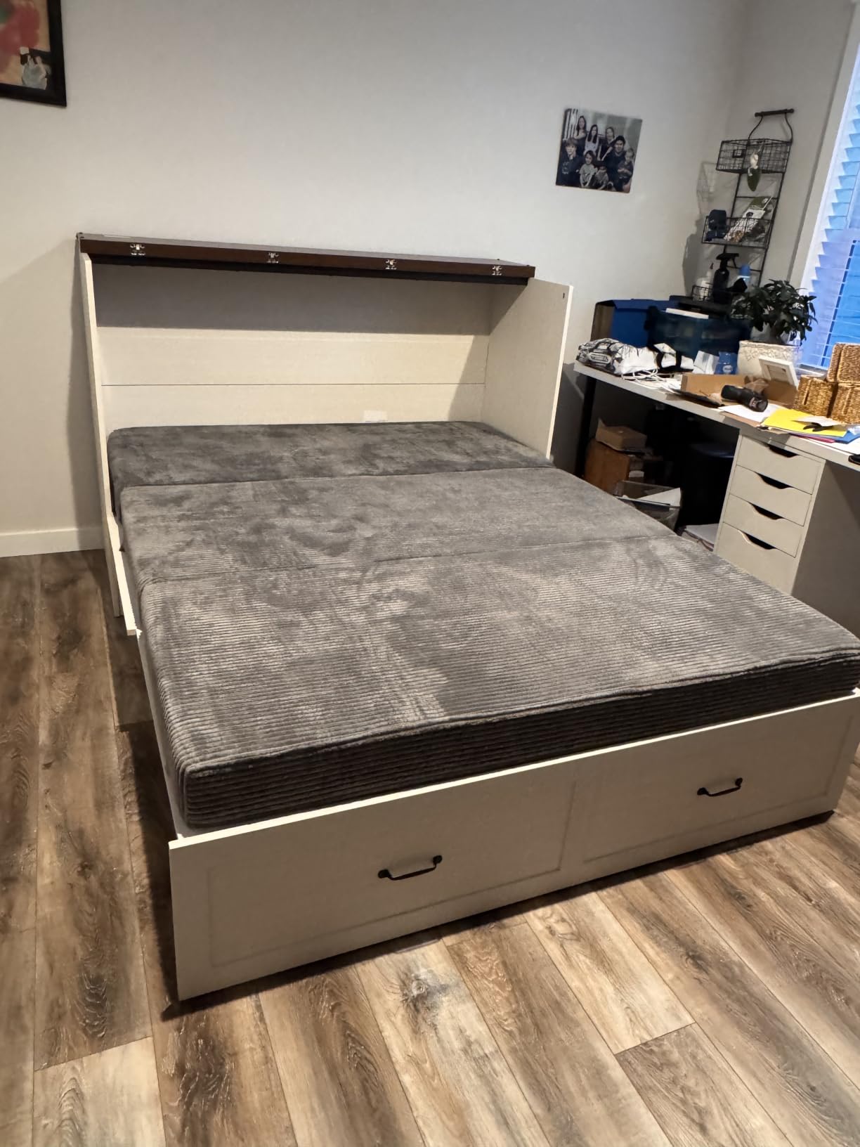 Hlivelood Full Size Murphy Chest Bed with Drawer and Charging Station, Farmhouse Wood Space-Saving Hidden Folding Beds Chest, Multifunctional Storage Cabinet Bed for Bedroom, Office, Rustic White customer photo 1
