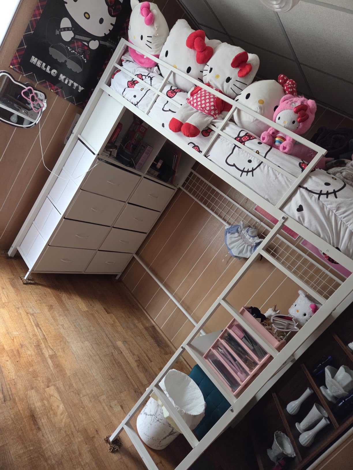 ADORNEVE Twin Loft Bed with Desk, 8 Storage Drawers, LED Lights, White | Metal Kids Loft Bed with Charging Station, Storage Shelves, 13.1