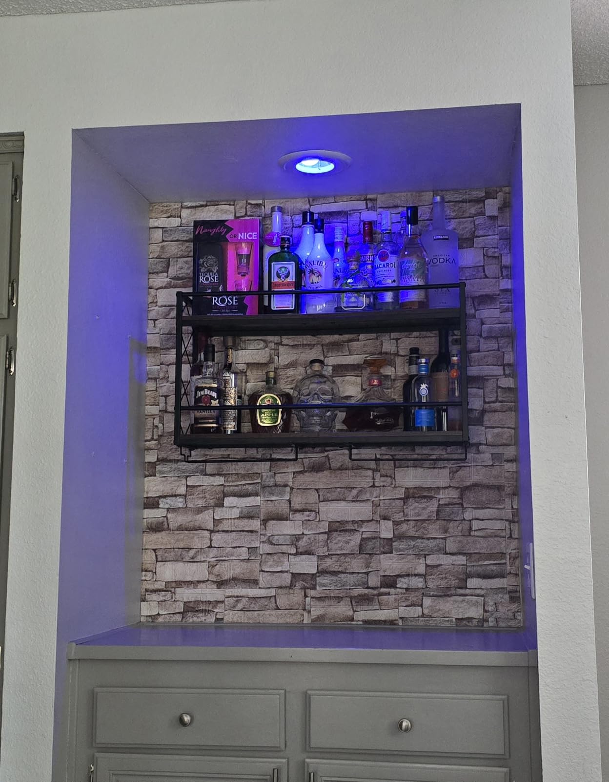 Wine Rack Wall Mounted 2 Tier Wall Wine Rack with Glass Holder, Double Layer Anti-Drop Crossbar, 31.5
