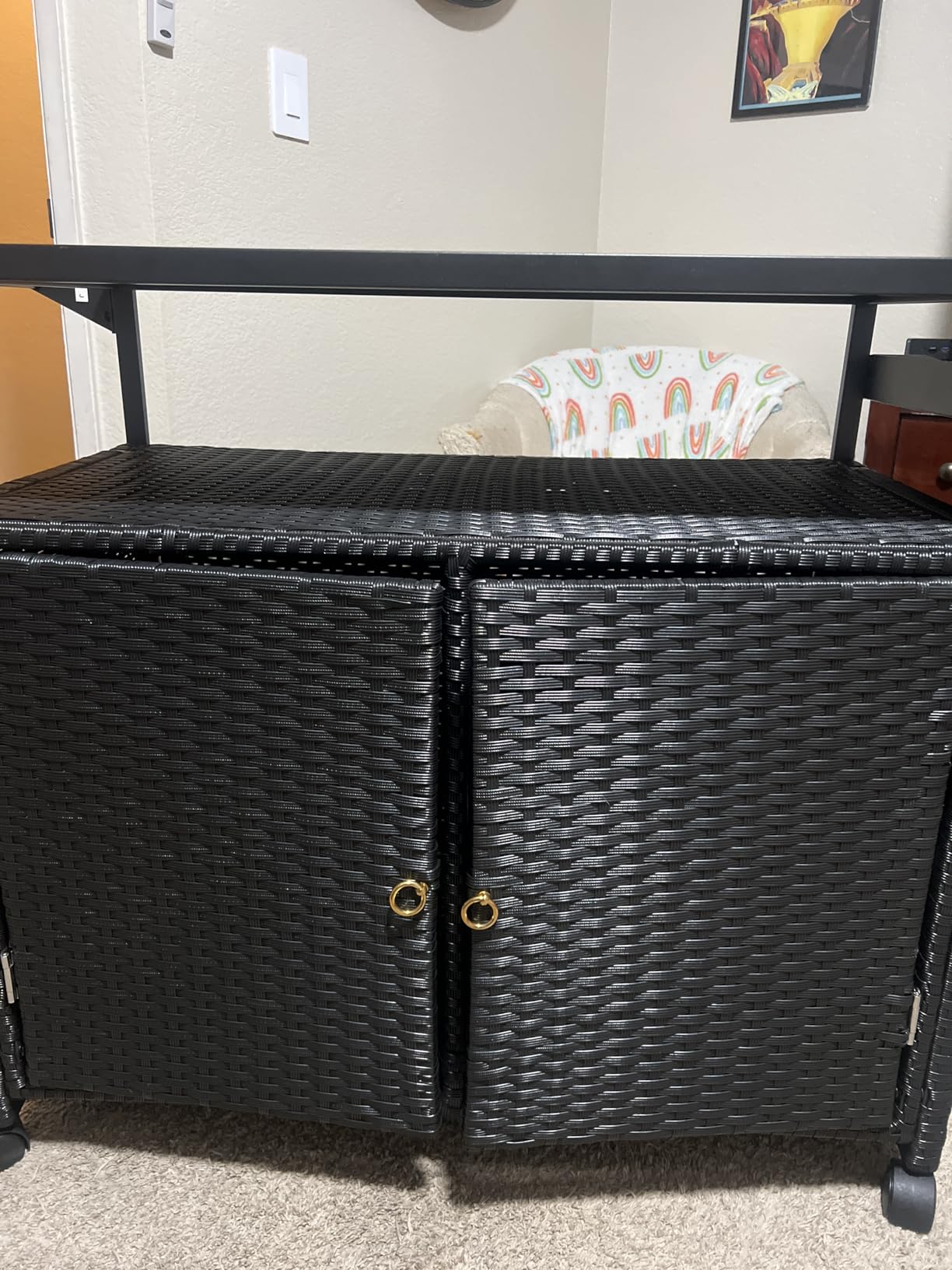 MU Outdoor Bar Cart with Storage and Wheels, Outdoor Bar Table with Tempered Glass Top & Shelf, Rolling Wicker Storage Cabinet with Rounded Handle & Side Basket for Backyard, Poolside, Garden, Black customer photo 1