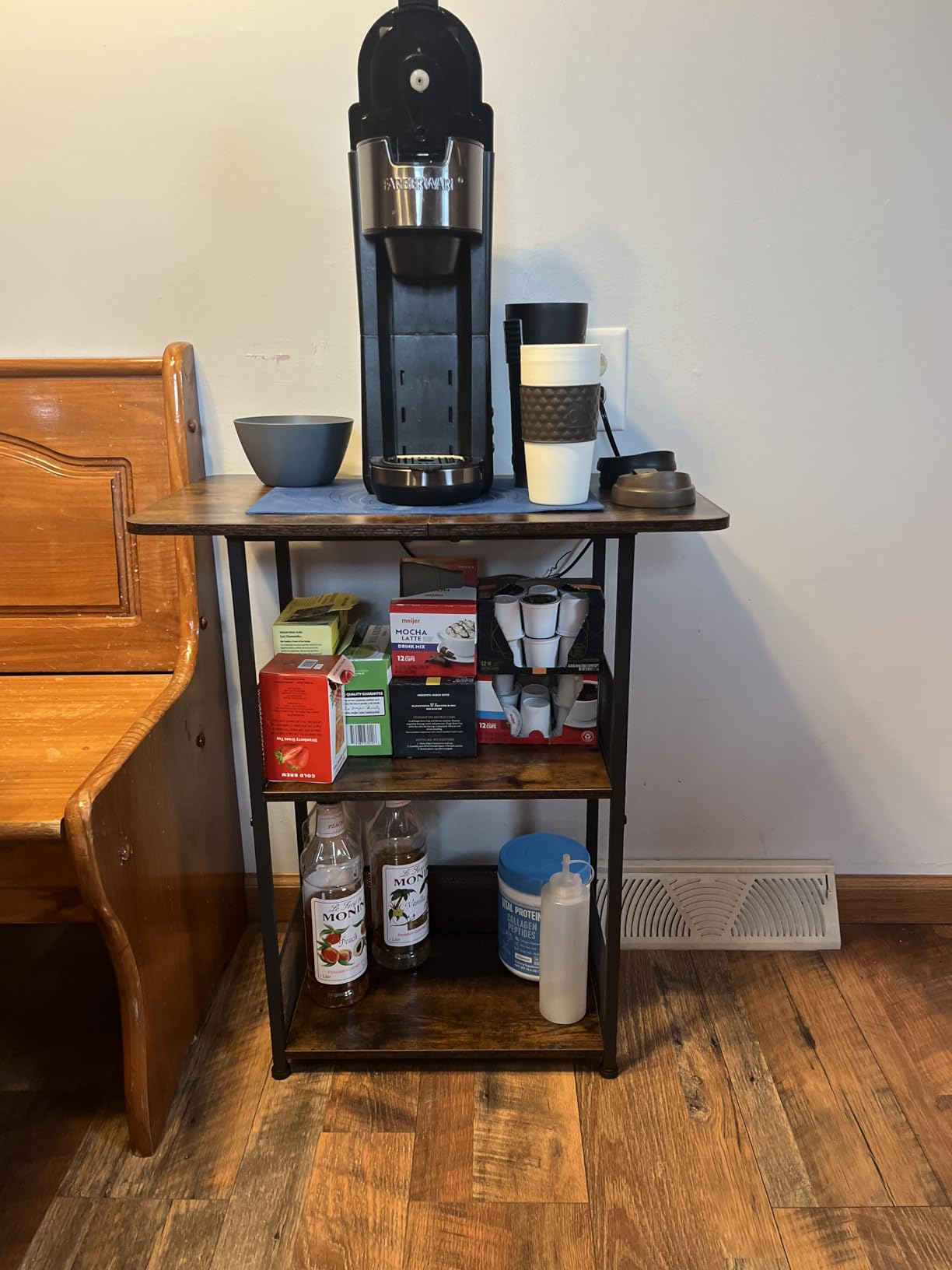Jsskeeim Mini Floor Standing Coffee Bar Shelf,3-Tier Small Coffee Table,Corner Farmhouse Coffee Bar Cabinet;Dining Room, Living Room-Capsules,Coffee Maker(Brown+Black) customer photo 1