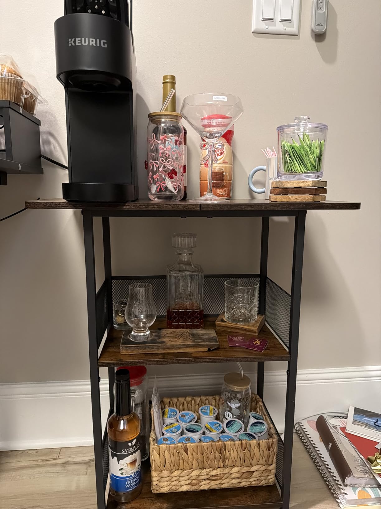 Jsskeeim Mini Floor Standing Coffee Bar Shelf,3-Tier Small Coffee Table,Corner Farmhouse Coffee Bar Cabinet;Dining Room, Living Room-Capsules,Coffee Maker(Brown+Black) customer photo 2