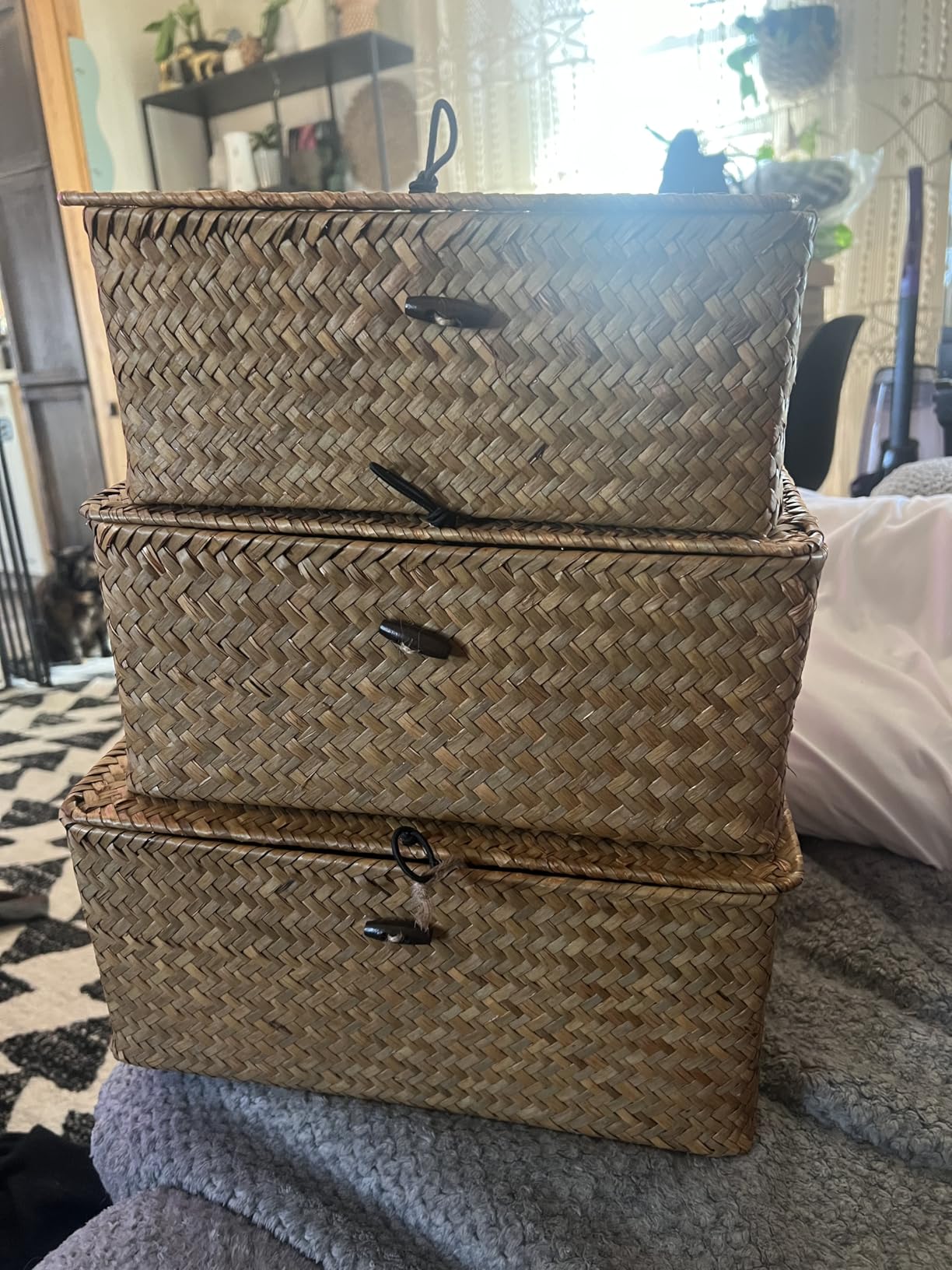 Nonam Wicker Storage Basket with Lid, Seagrass Shelf Basket Set of 3, Natural | Wicker Basket Container for Organizing, Boho Decorative Basket, Rectangular Household Storage Boxes for Home Organization customer photo 1
