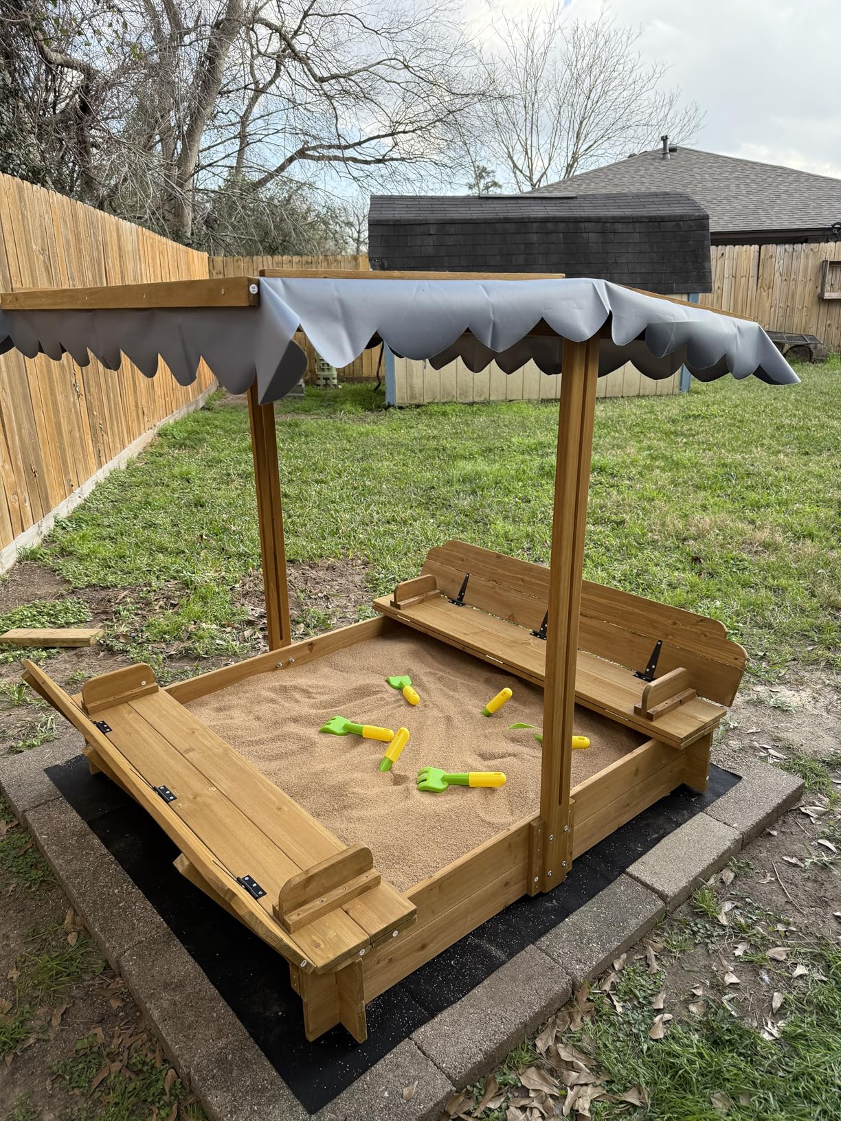 Kids Sandbox with Lid, Wooden Sand Box with Cover Outdoor, UV-Protection & Natural Wood, Foldable Bench Seat, Adjustable Canopy, Sand Box for Kids Ages 2-8 (47x47in) customer photo 1