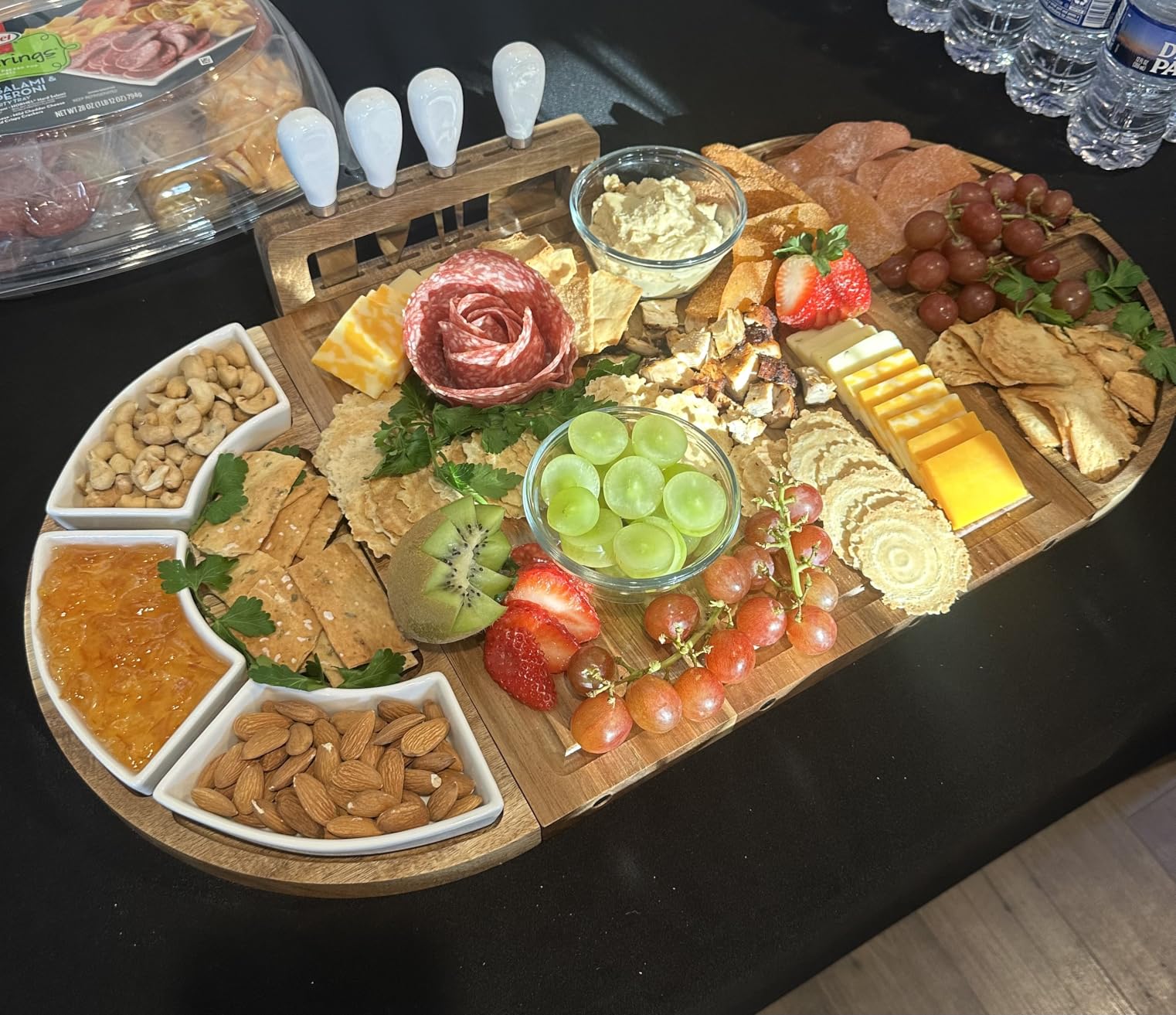 Large Charcuterie Board Set, Acacia Wood, Premium Finish | Magnetic 3-Piece Acacia Wood Design, Reshapes Circle Square Heart, Expands 13 to 26 In, 4 Knives, 3 Dishes, No Oiling Needed customer photo 1