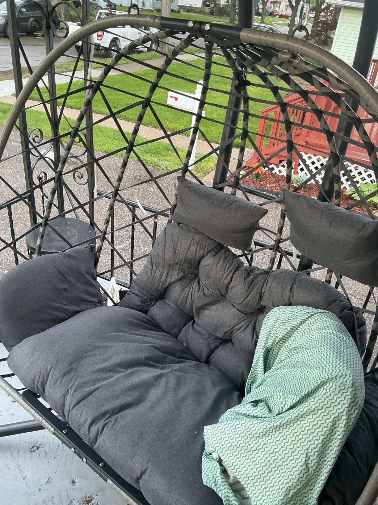SWITTE Double Egg Chair Outdoor with Stand, Patio Hanging Swing, Grey, Indoor 2 Person Egg Swinging with Cushion, Wicker Loveseat for Porch Balcony Backyard, Cozy Hammock Chairs 680 LBS Capacity customer photo 2