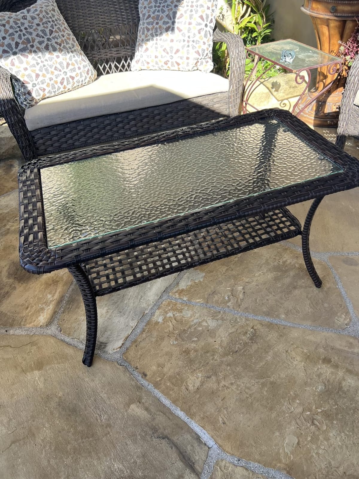 VINGLI Outdoor Coffee Table with Storage Wicker Patio Coffee Table, Tempered Glass Top Coffee Table for Patio Outside Balcony Porch Deck (Brown) customer photo 1