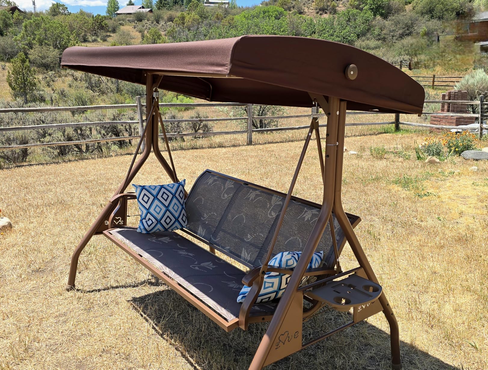 3 Person Patio Swing Outdoor Swing for Adults with Adjustable Canopy & Upgraded Cup Holders Textilene Fabric Porch Swing Chair with Stand Heavy Duty 800 LBS customer photo 1