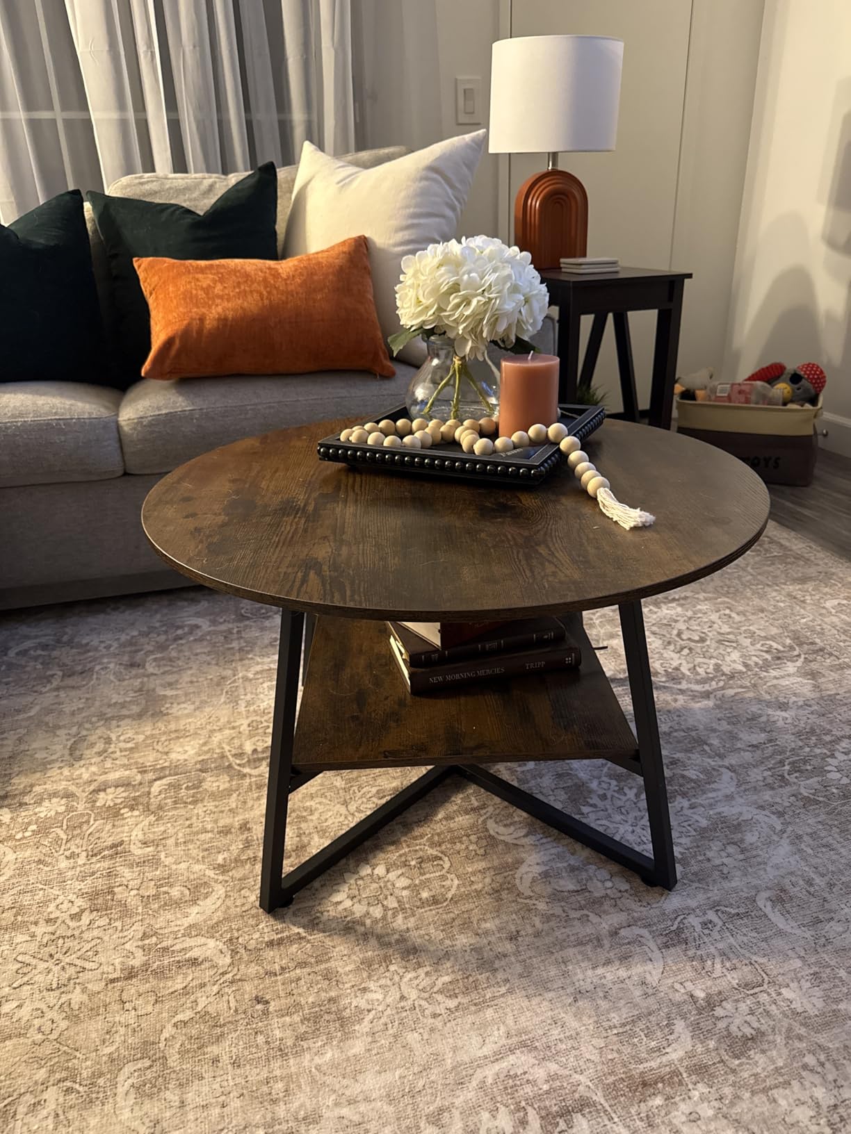 Round Coffee Table, Small Circle Coffee Table with Storage, Modern Wood Round Center Table for Living Room, Home Office, Small Space, Easy Assembly, Rustic Brown customer photo 2