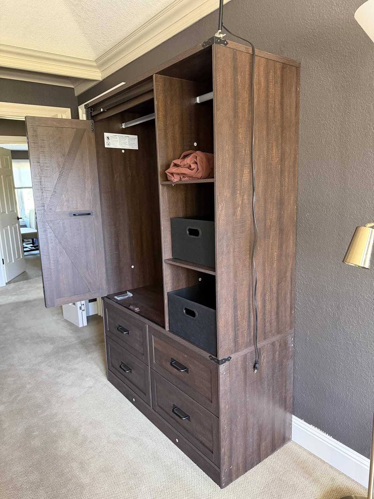 Farmhouse 4 Doors Armoire Wardrobe Closet w/Folding Sliding Barn Door and Lights, LED Armoire Closet w/Drawers for Bedroom, Freestanding Wooden Wardrobe Storage Closets w/Hanging Rod, Antique White customer photo 1
