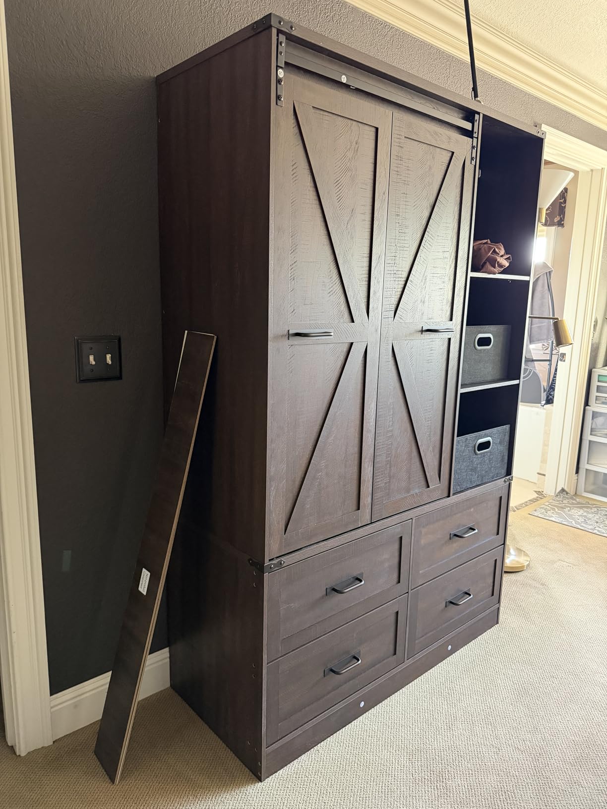 Farmhouse 4 Doors Armoire Wardrobe Closet w/Folding Sliding Barn Door and Lights, LED Armoire Closet w/Drawers for Bedroom, Freestanding Wooden Wardrobe Storage Closets w/Hanging Rod, Antique White customer photo 2