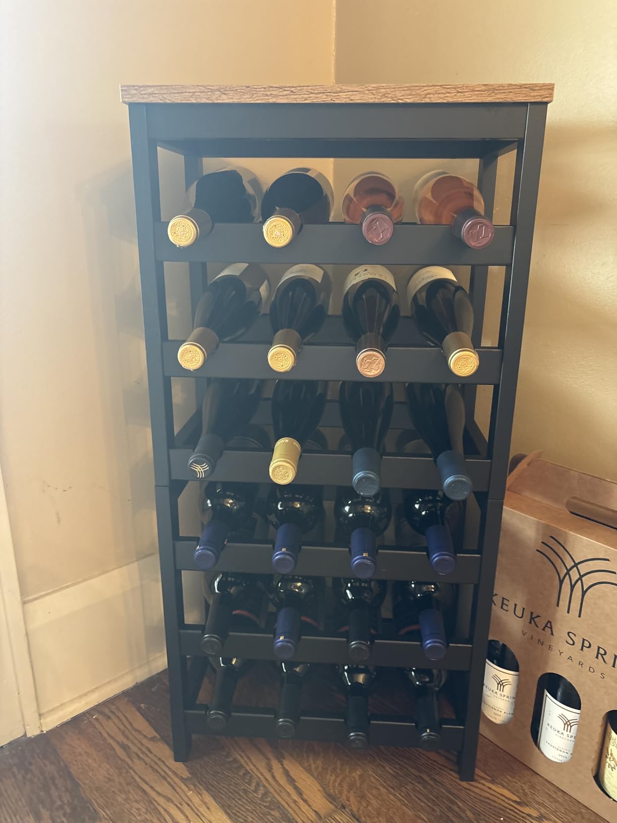 VASMIA Wine Rack Freestanding Floor, 6-Tier Display Wine Storage Shelves with Table Top, 24-Botttle Bamboo Wine Rack Shelf for Kitchen Bar Dining Room Living Room, Walnut customer photo 1