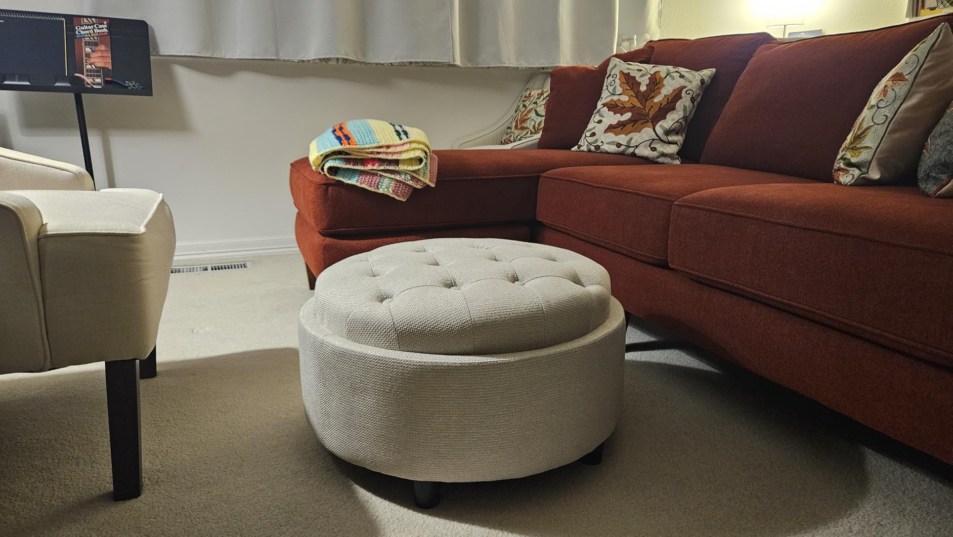 COLAMY Fabric Round Storage Ottoman with Reversible Tray Lid - Multi-Functional Footrest, Hidden Storage, Sturdy & Stylish Small Coffee Table for Living Room, Bedroom, or Entryway (Beige) customer photo 1