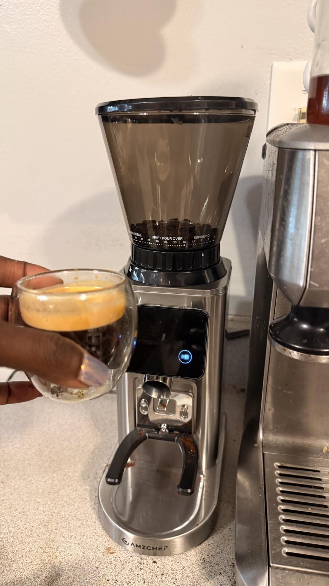AMZCHEF Conical Burr Coffee Grinder, 48 Grind Settings, Anti-Static Burr Mill with Precision Timer & LED Touchscreen, for Espresso, Drip, Pour Over, Cold Brew & French Press, Stainless Steel, Silver customer photo 2
