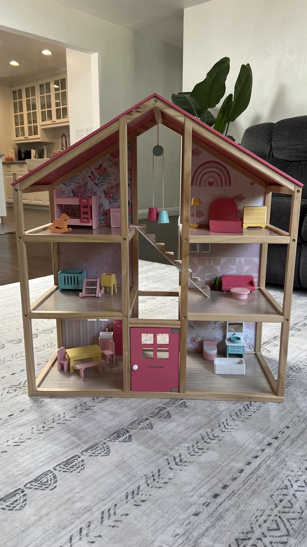 Tiny Land Wooden Dollhouse for Girls - 6 Rooms Wooden Doll House | DIY Pretend Doll House with 31Pcs Furniture Accessories, Creative Gift for Girl Ages 3+,Green customer photo 1