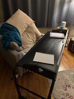 Overbed Table with Wheels, Adjustable Queen & King Bed Desk, White | 54.1-85.8 in Adjustable Width, 47.3 × 16.3 in Desktop and 4 Locking Casters, Rolling Bed Desk for Working, Reading and Meals customer photo 1