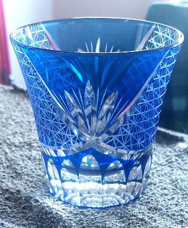 Japanese Whiskey Glass, Edo Tokyo Kiriko Inspired Cobalt Blue, 8.5 oz | Hand-Cut Starburst Geometric Design, Old Fashioned Tumbler for Bourbon & Scotch, Gift Box Included customer photo 1