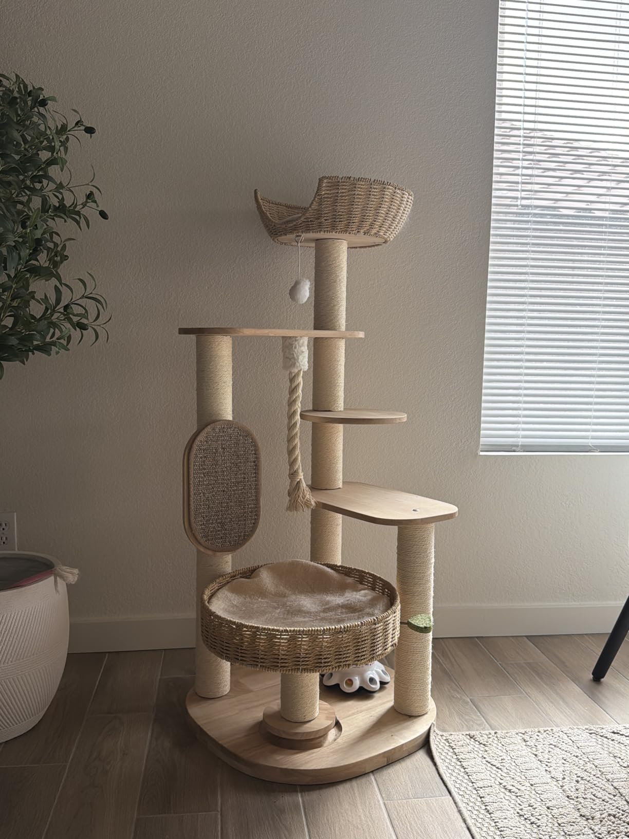 49.6in Solid Wood Cat Tree for Large Cat, Modern Tall Cat Tower | Multi-Level Cat Condo, Cute Aesthetic Design, with Scratching Post, with Hand-Woven Cat Bed, for Indoor Cats, Easy to Clean customer photo 2