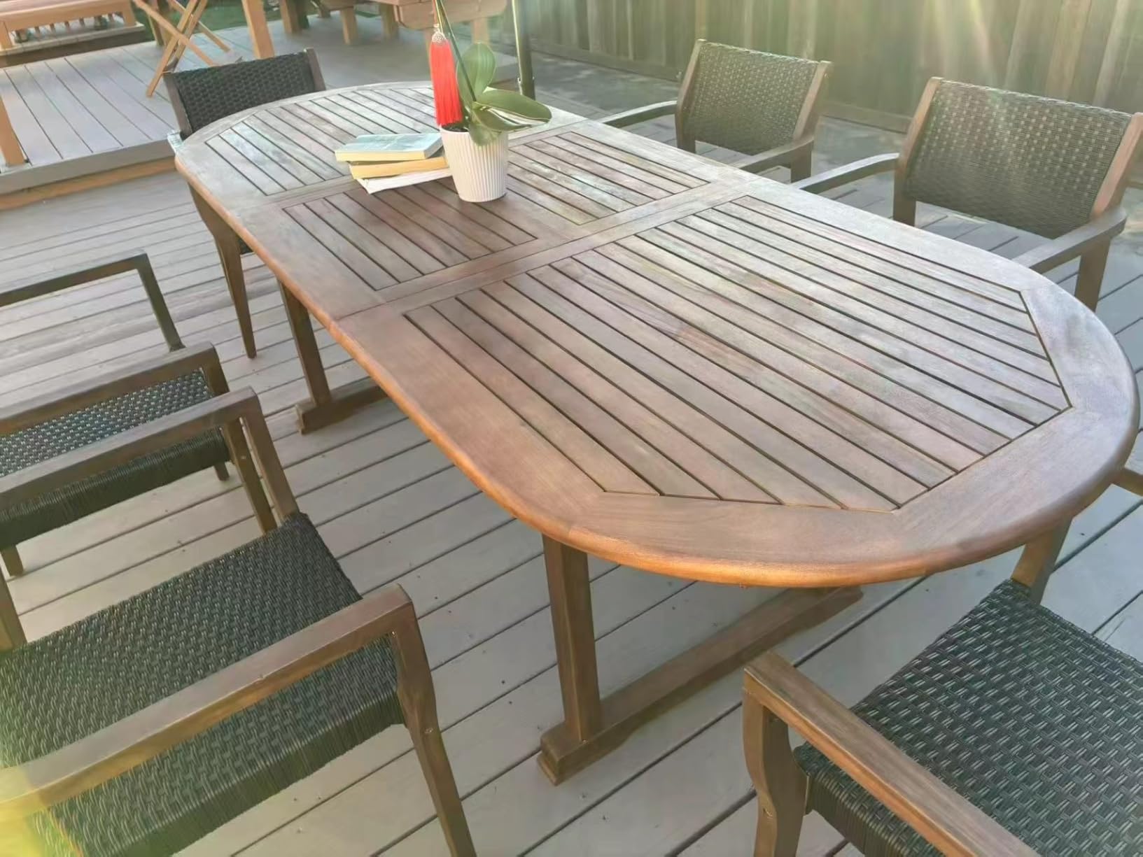 Sophia & William Outdoor Dining Set for 8, Expandable Acacia Wood Table | 9pc teak patio furniture set. Large farmhouse table and chairs set for deck, porch, backyard. customer photo 2