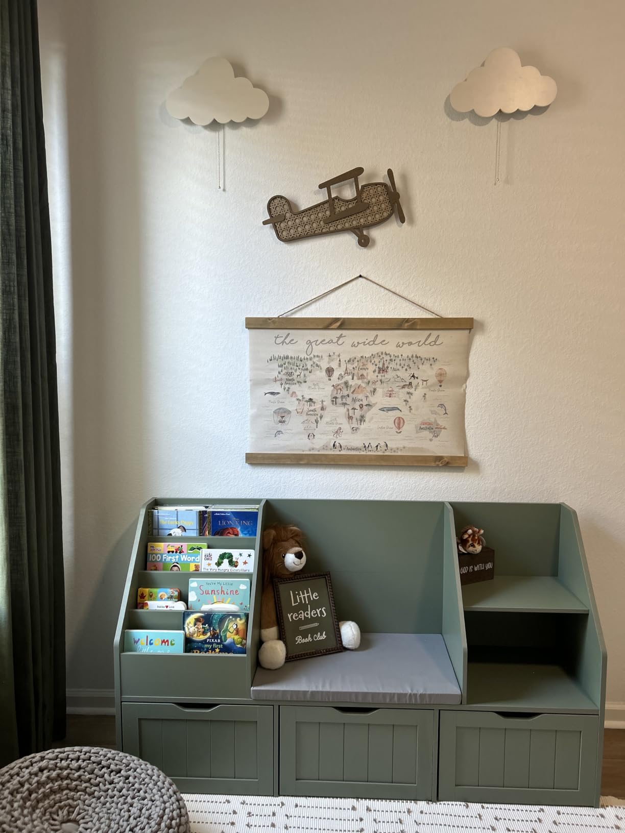 FOTOSOK Kids Bookshelf with Reading Nook, Toy Storage with Seat Cushion | 55.1'' Toy Storage Organizer with 3 Movable Drawers, Kids Reading Nook with Bench for Playroom, Bedroom, Green customer photo 1