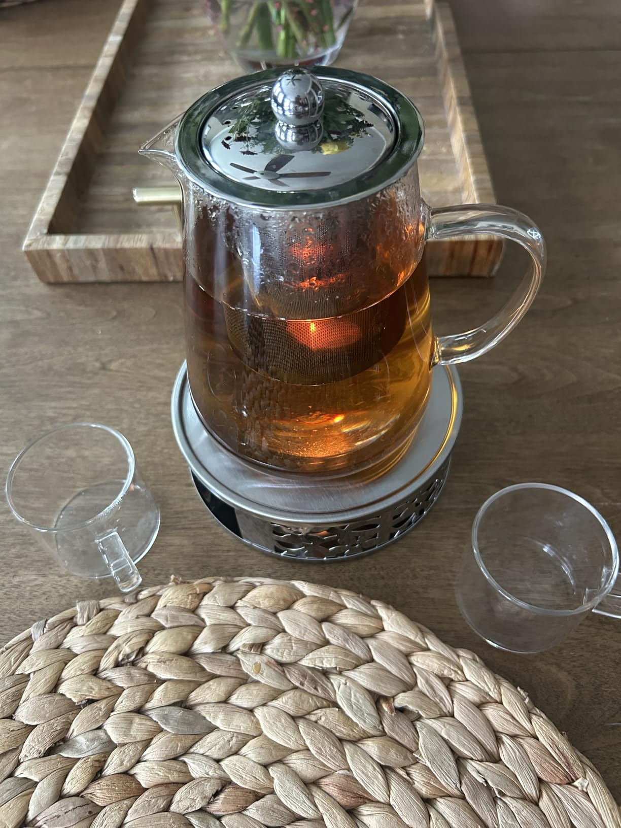 Tea Warmer Petals Silhouette, Silver Brushed Stainless Steel | Teapot Warmer Includes 1 Tealight Holder customer photo 1