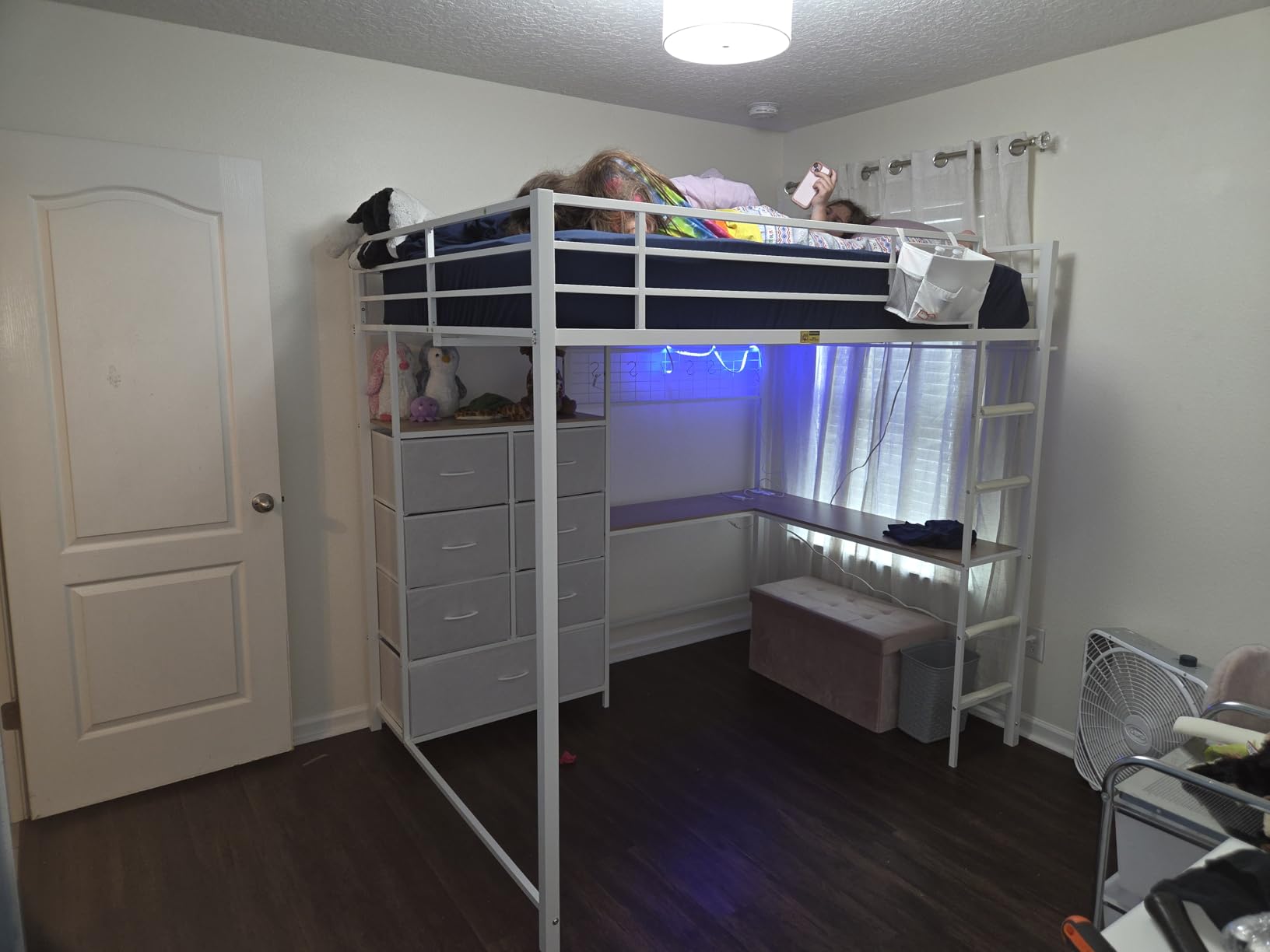 DICTAC Twin Size Loft Bed with L-Shaped Desk and 7 Storage Drawers, Metal Twin Loft Bed for Kids with LED Lights and Charging Station, 13.11