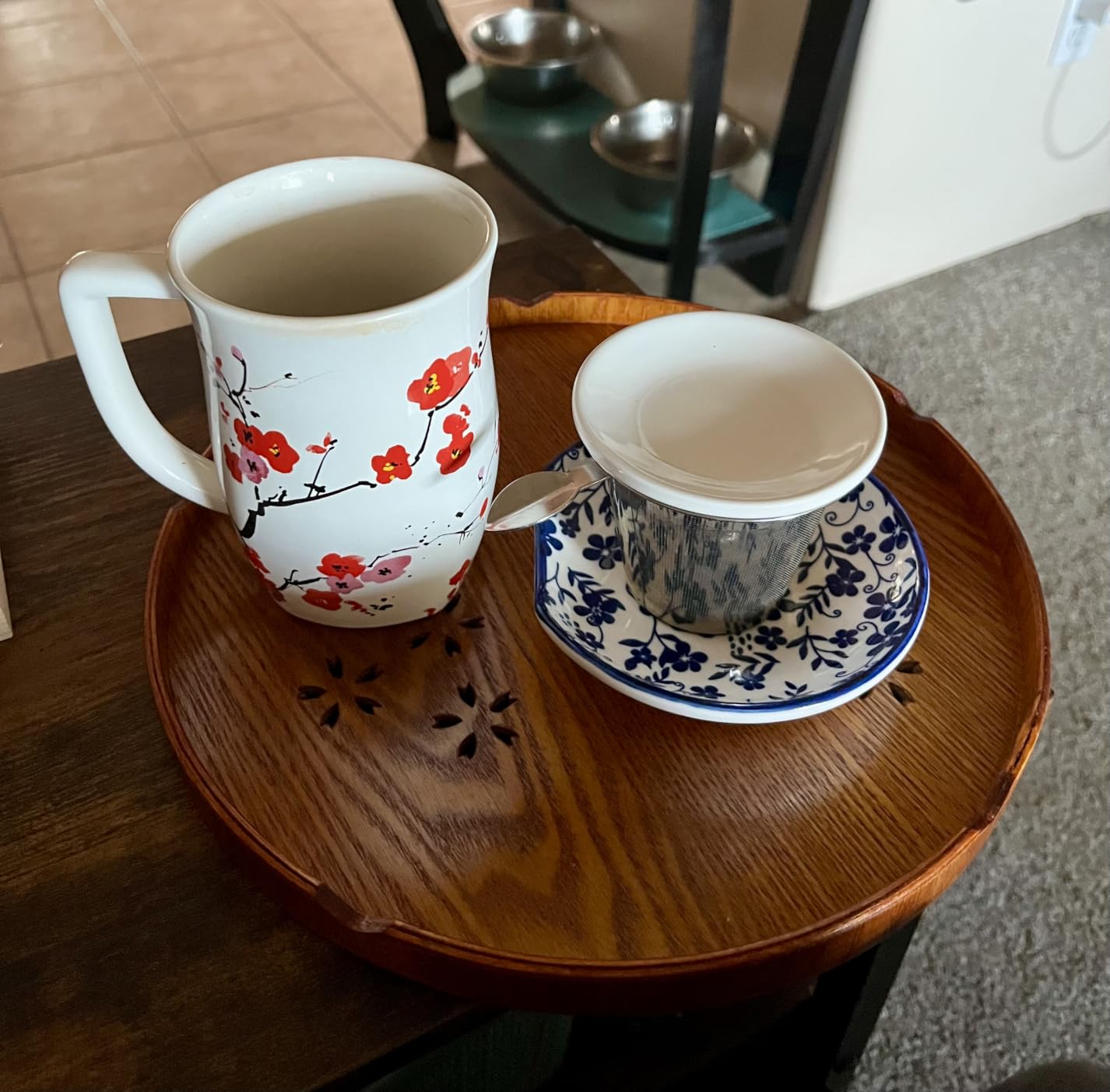Tea Tray,Round Wooden Cherry Blossom Pattern Tray Japanese Style Food Serving Tray Matcha Baked Tea Whisk Stand for Home Tea House customer photo 1