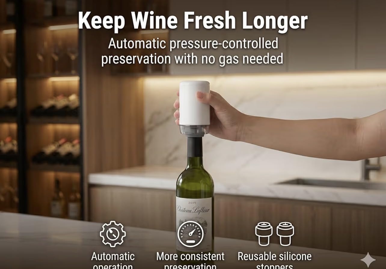 Automatic Wine Preserver, Hands-Free Pressure Control, 2 Stoppers | Pressure-Controlled Seal, No Gas or Hand Pumping, Works with Red, White & Rose, Includes 2 Silicone Stoppers, Rechargeable customer photo 2