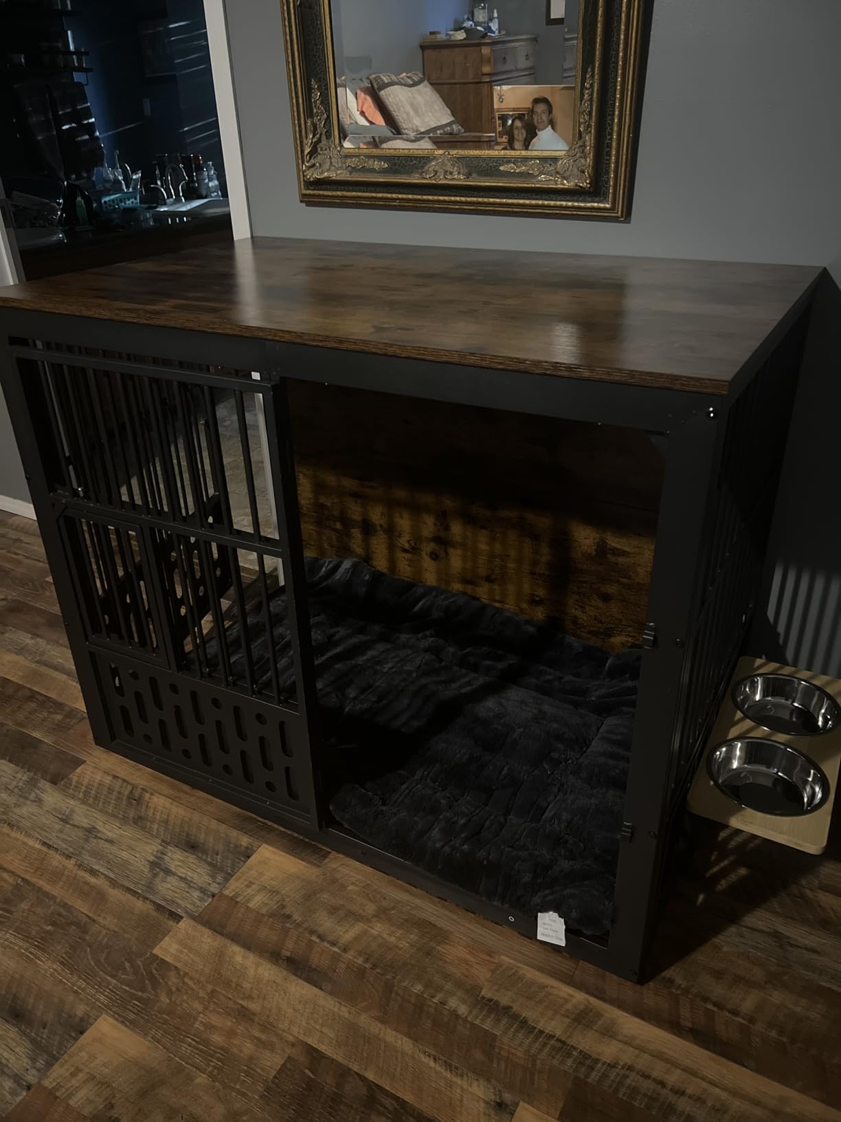 Yafylly 48 Inch XXL Dog Crate Furniture, Wooden Chewproof Dog Kennel with Interactive Window, 360° Adjustable Bowls (5 Heights), Storage Table Top, Heavy Duty XL Dog Crate for Medium Large Dogs, Brown customer photo 1