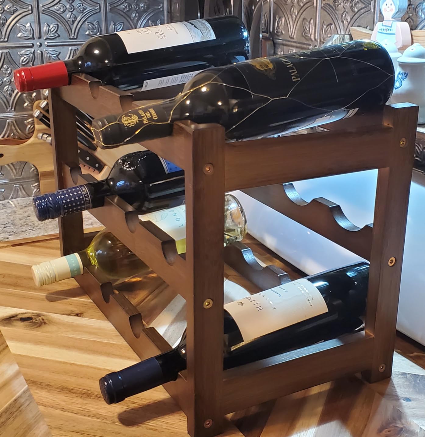 Wine Rack Freestanding Floor, 6-Tier Display Wine Storage Shelf | Holds 24 Bottles, Sturdy Wine Bottle Holder with Table Top,Bamboo Wine Racks for Kitchen Dining Room Bar,Easy-Assembly,Walnut customer photo 2