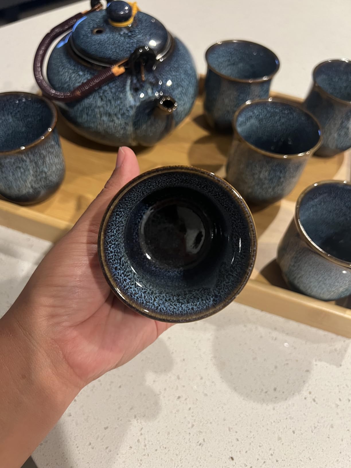 Traditional Japanese Tea Set, Kiln Altered Glaze Porcelain Tea Set with 1 Teapot, 6 Tea Cups, 1 Tea Tray (Kiln altered-Green) customer photo 2