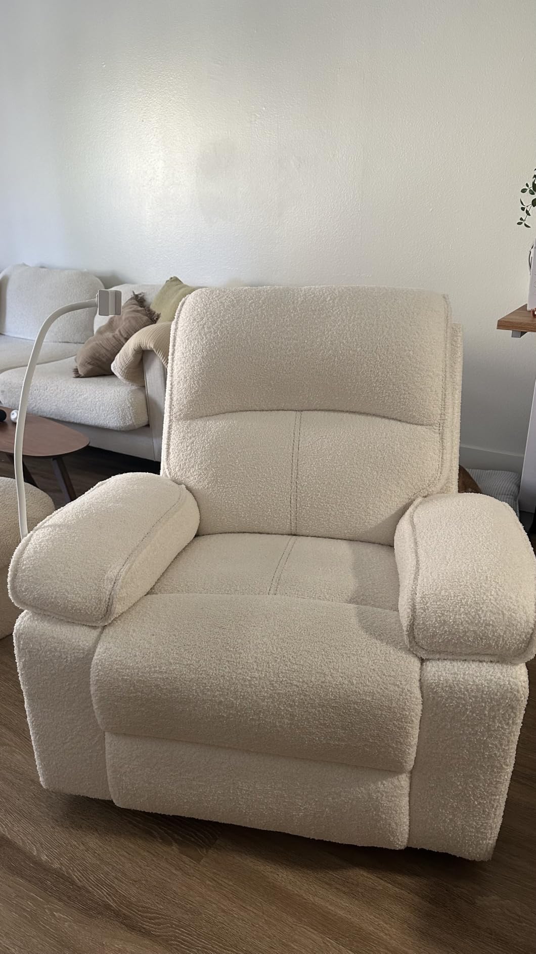 YuuYee Nursery Glider Recliner Chair, 360° Swivel Rocker Recliner for Nursery Living Room, Oversized Manual Reclining Chair with Phone Holder, Velvet Nursing Chair, Rocking Chair, Beige customer photo 1