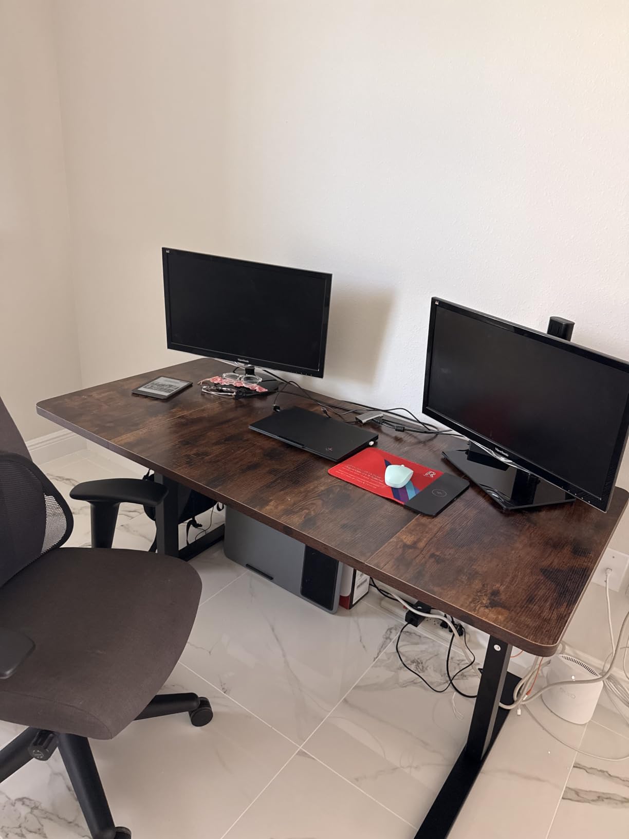 Brown 60x28 in Electric Standing Desk, 1 Inch Thick Tabletop | Double Beam Frame, Holds 220lbs, Sit Stand, 3 Memory Height Adjustment, Extra Deep Table Top, Black Frame customer photo 2