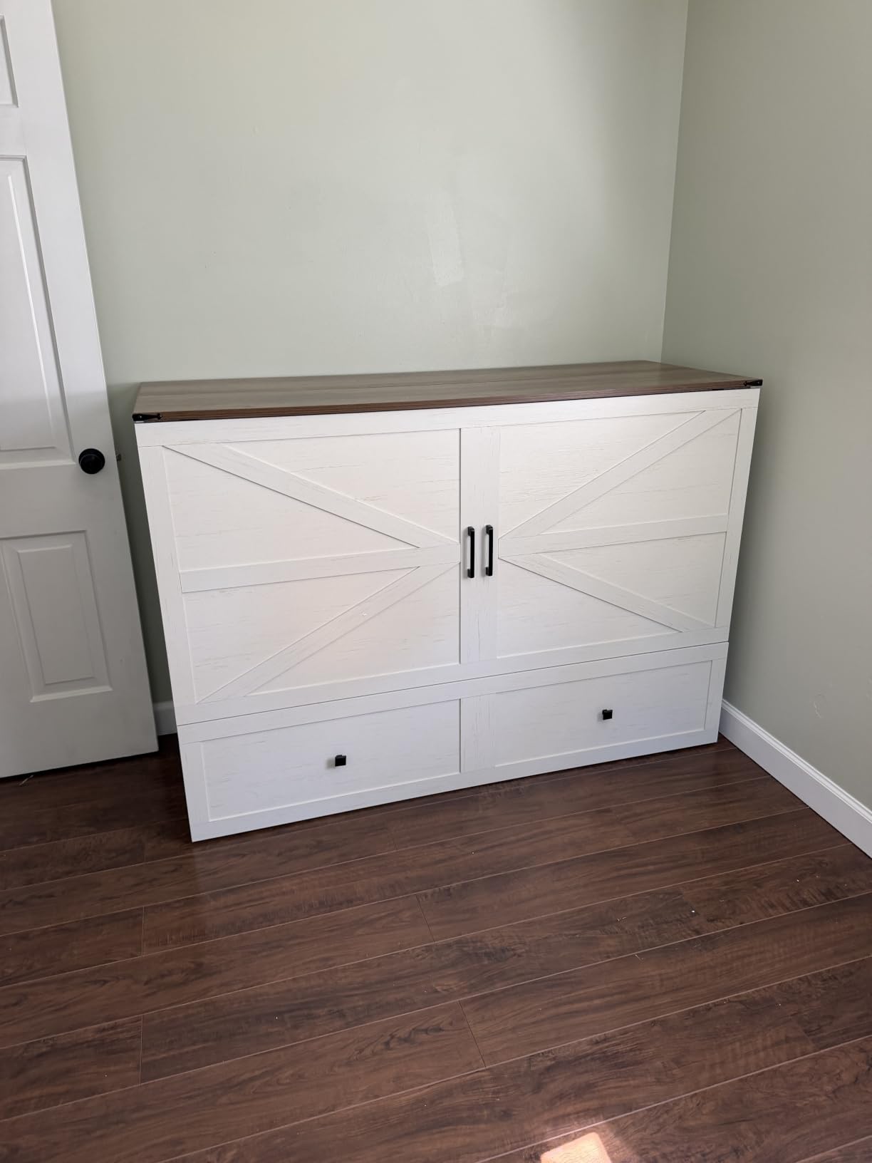 AMERLIFE Full Murphy Bed Cabinet with Charging Station and Storage, Farmhouse Foldable Platform Bed for Guest Room, Office, Small Spaces, Barnwood customer photo 1