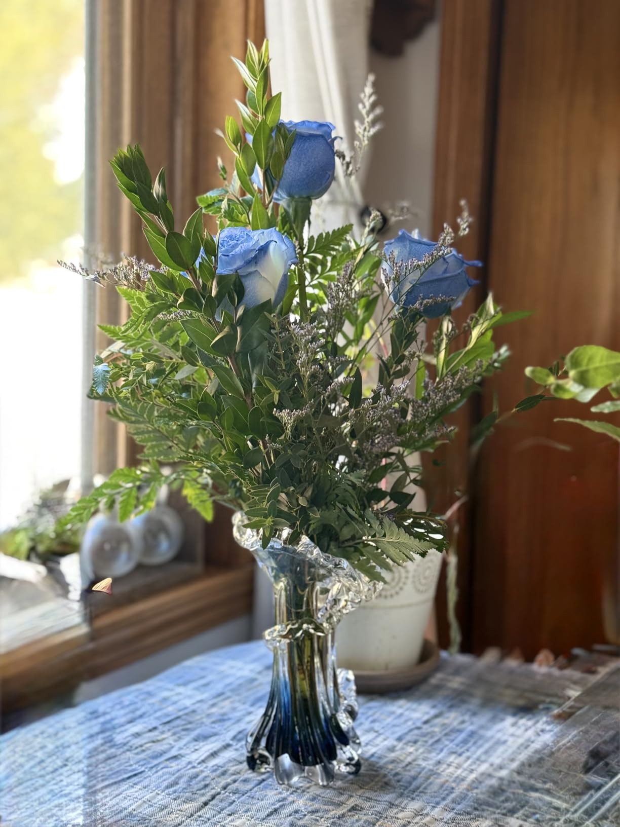 Hand Blown Blue Glass Vase, Unique Art Beautiful Ocean Glass Vase for Coastal Home Decor, Coffee Table, Living Room, Office Decor - 11.8