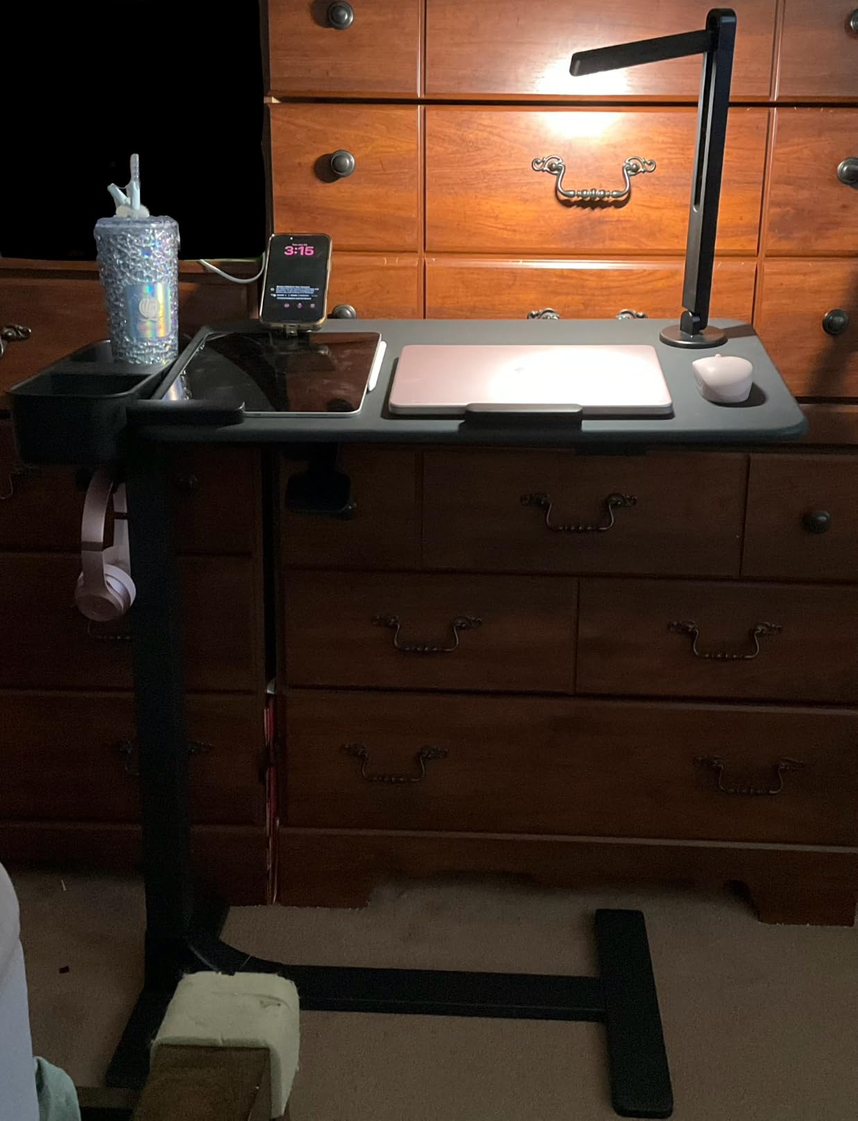 SAIJI Magnetic Overbed Bedside Table with Wheels, Height and 360° Angle Adjustable Over Bed Desk with LED Light, Portable Lengthened Rolling Laptop Standing Desk Mobile Bed Tables Hospital Home Use customer photo 1