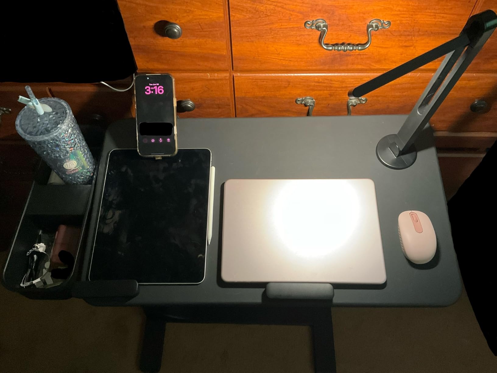 SAIJI Magnetic Overbed Bedside Table with Wheels, Height and 360° Angle Adjustable Over Bed Desk with LED Light, Portable Lengthened Rolling Laptop Standing Desk Mobile Bed Tables Hospital Home Use customer photo 2