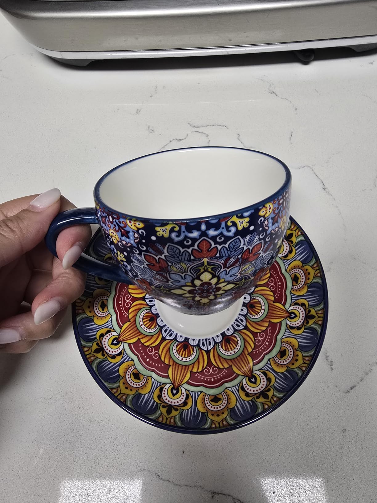 vancasso 8 Oz Cappuccino Cups, Porcelain Tea Cups and Saucers Set of 6 | Bohemian Cappuccino Mugs, Perfect for Latte, Tea and Espresso, Microwave and Dishwasher Safe, Lead-Free and Non-Toxic customer photo 1