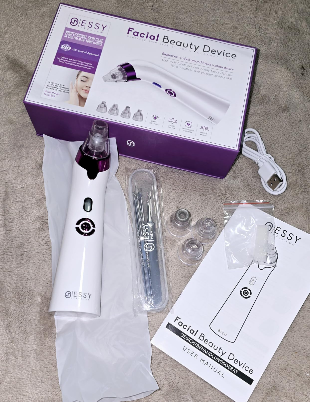 Essy Blackhead Remover Facial Cleanser Machine for Pimple Suction (Purple) | Pore Deep Suction, 5 level adjustable intensity, rechargeable, 4 suction probes, Suits All Skin Types customer photo 1