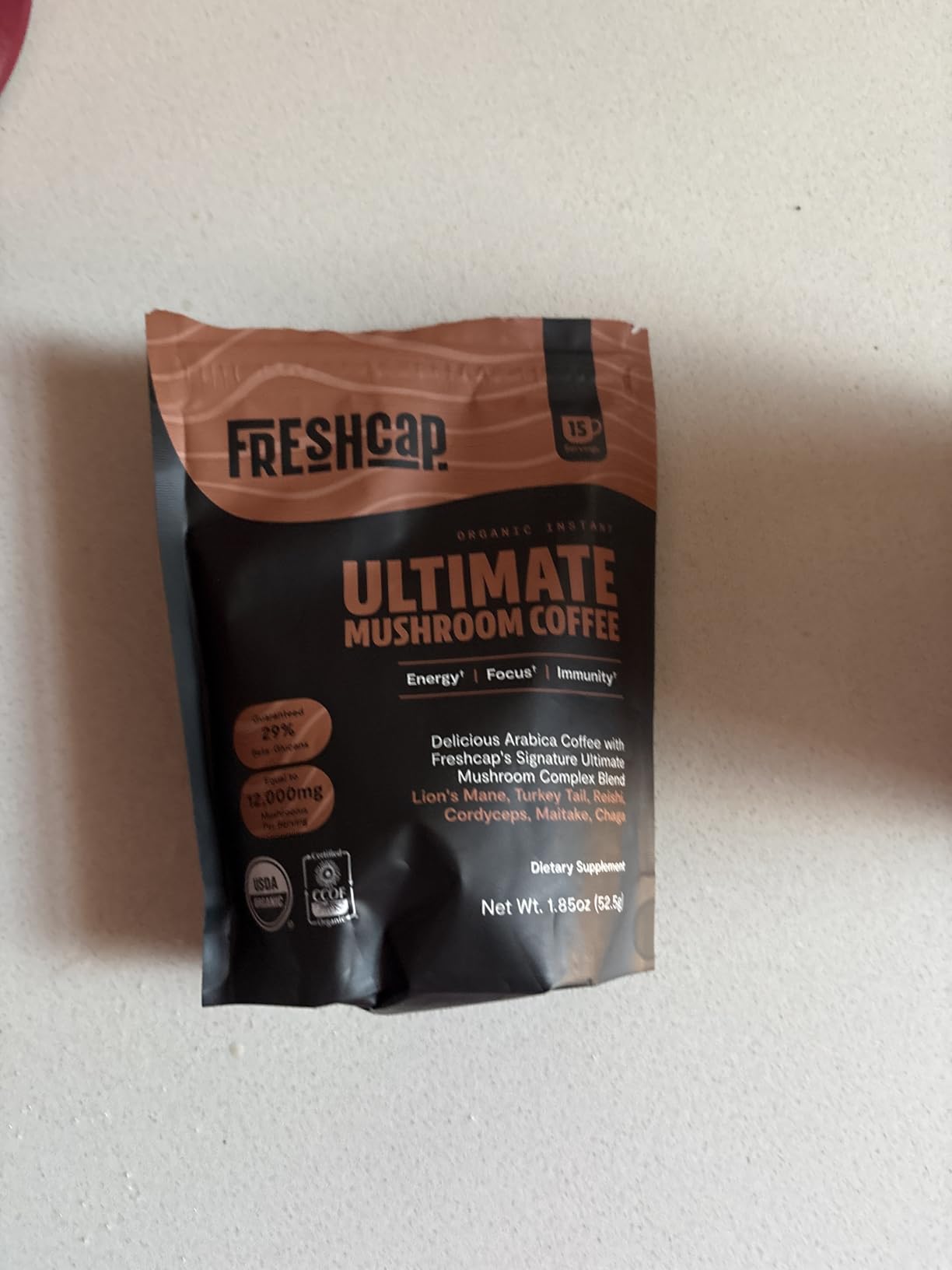 Freshcap Premium Mushroom Coffee, Organic Instant Coffee, 15 Servings - 12:1 Fruiting Body Extract, 29% Beta-Glucans, 3rd-Party Tested with Lion's Mane, Reishi, Cordyceps, Chaga, Turkey Tail & Maitake customer photo 1