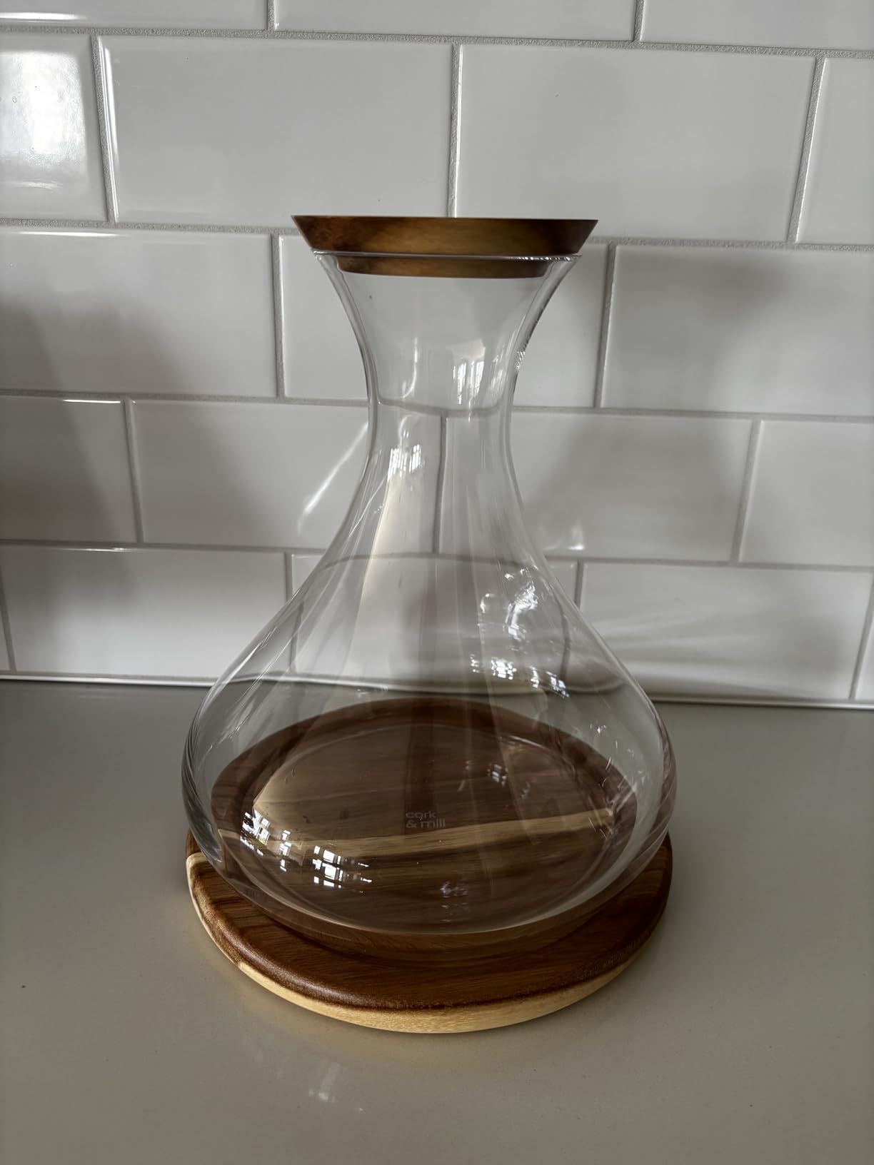 Cork & Mill Wine Decanter Set with Acacia Wood Stand and Stopper Lid | Hand Blown Crystal Glass Carafe for Red Wine Aeration, Contemporary Luxury Wine Accessories, Gift Idea for Women or Men customer photo 2