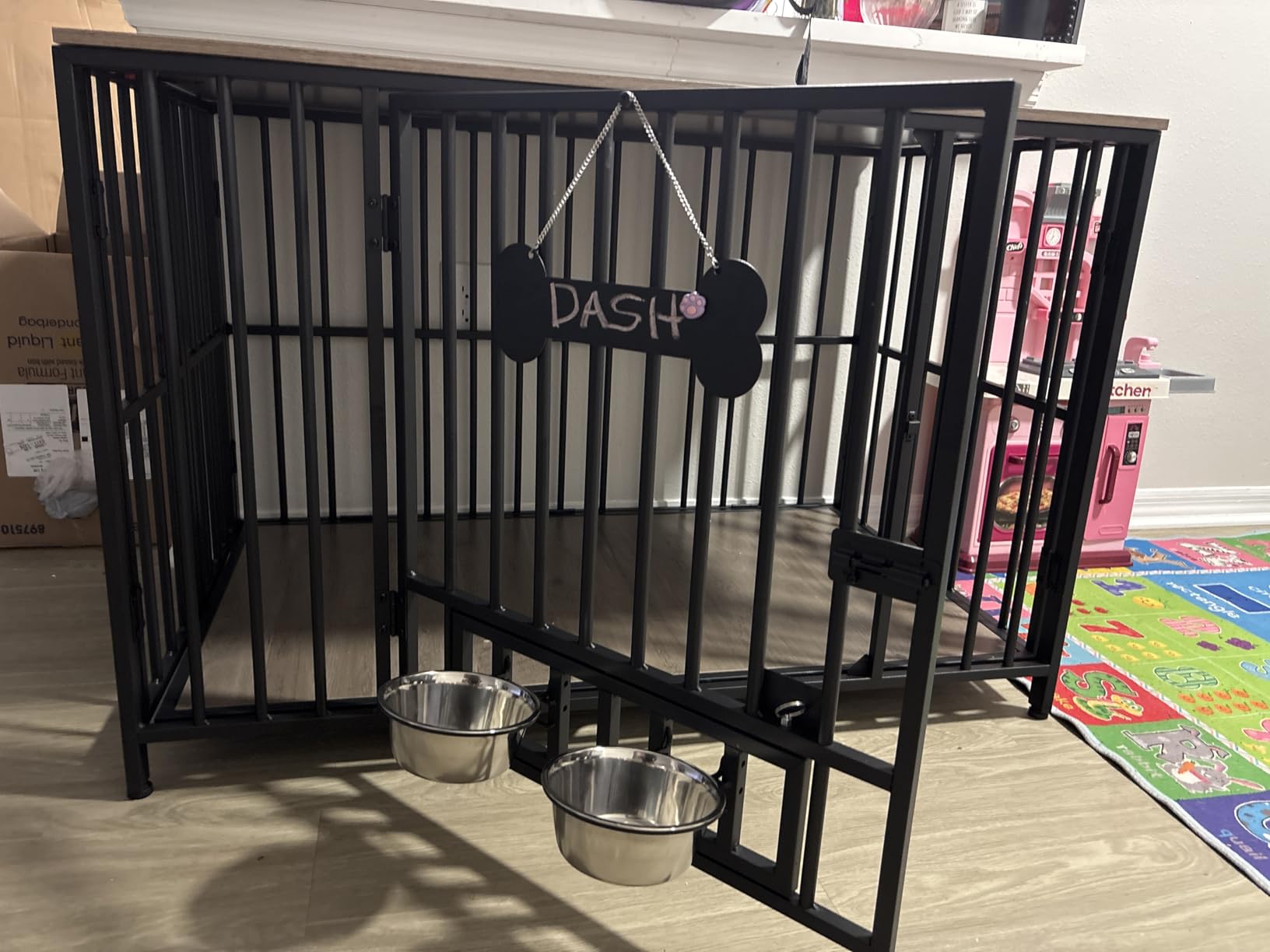 Easycom Foldable Dog Crate Furniture for Large Dogs 35-60 lb, Rustic Brown, Dog Cage with Adjustable Bowls and Name Tag, No Assembly Decorative Wooden Dog Kennel Indoor, End Table customer photo 2