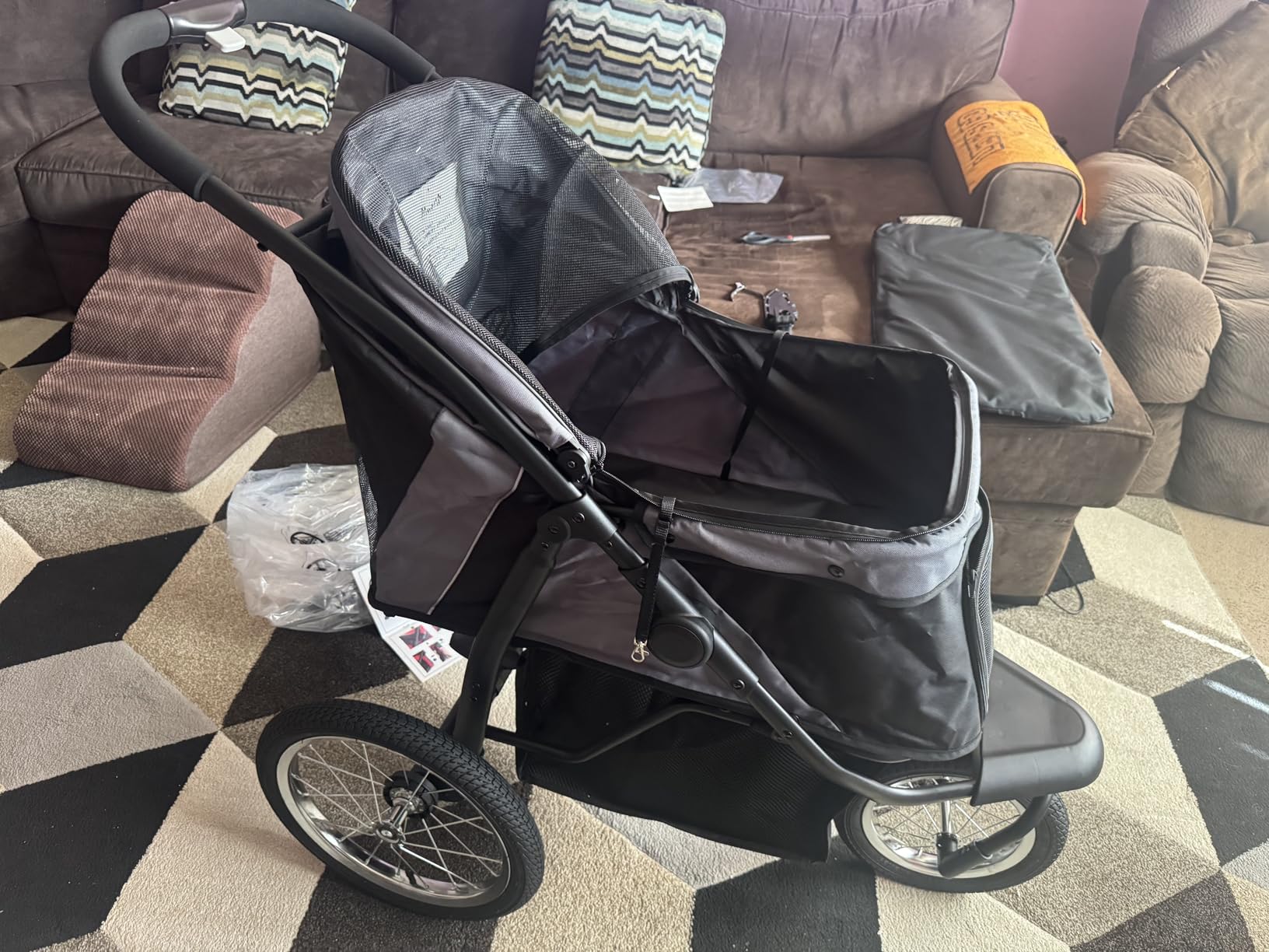 PawHut 3 Wheels Pet Stroller Foldable Jogger for Medium Dogs Dark Green | Adjustable Canopy, Safety Tether, Cushion, Storage Basket, Portable for Meidum Dogs and Cats customer photo 2