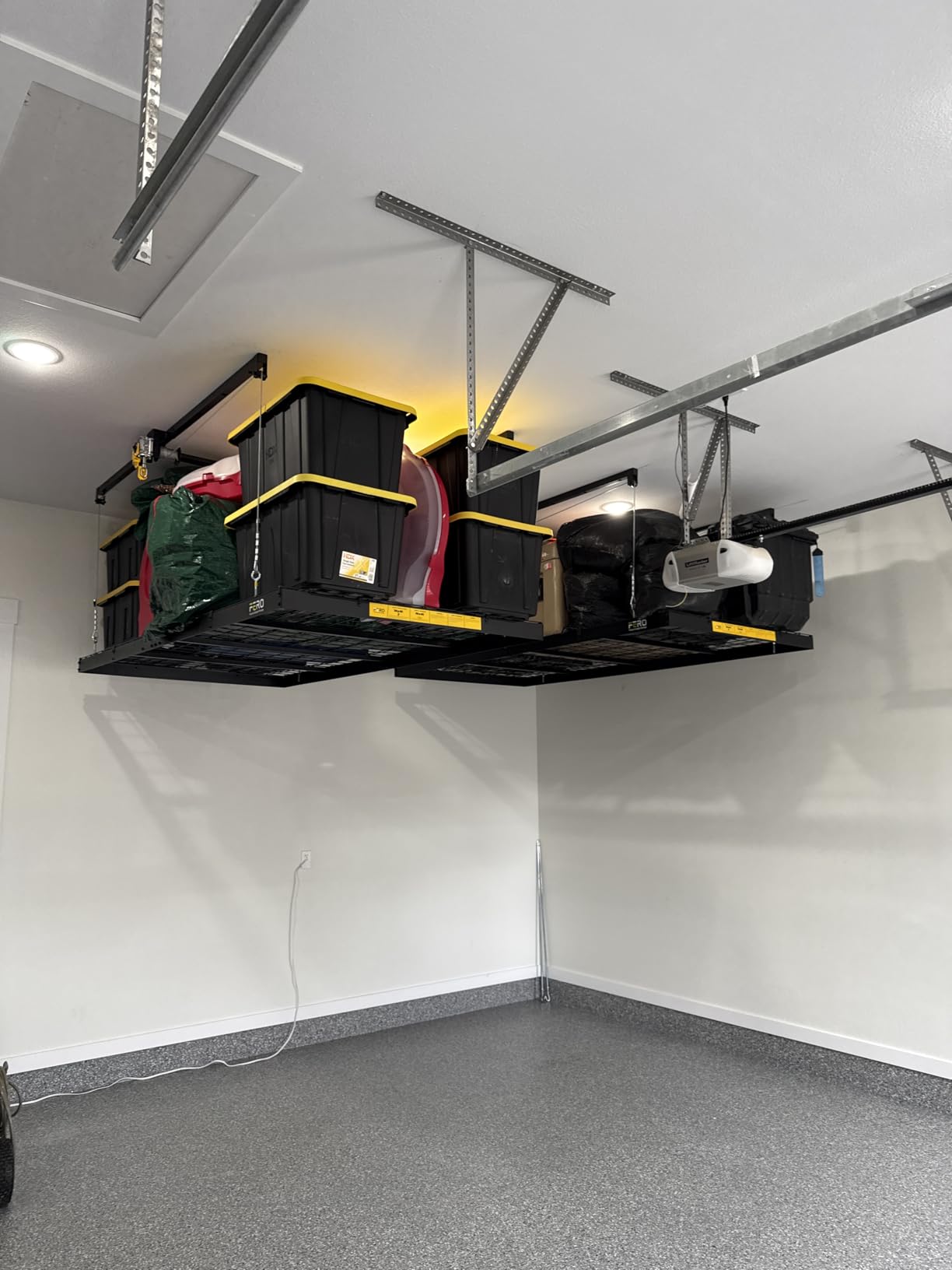 FERO Overhead Garage Storage Rack 4x8, 500 lb Heavy-Duty Capacity, Ceiling Mounted Storage Lift with Safety Lock, Drop Down Overhead Storage System, Garage Ceiling Hoist Organizer customer photo 1